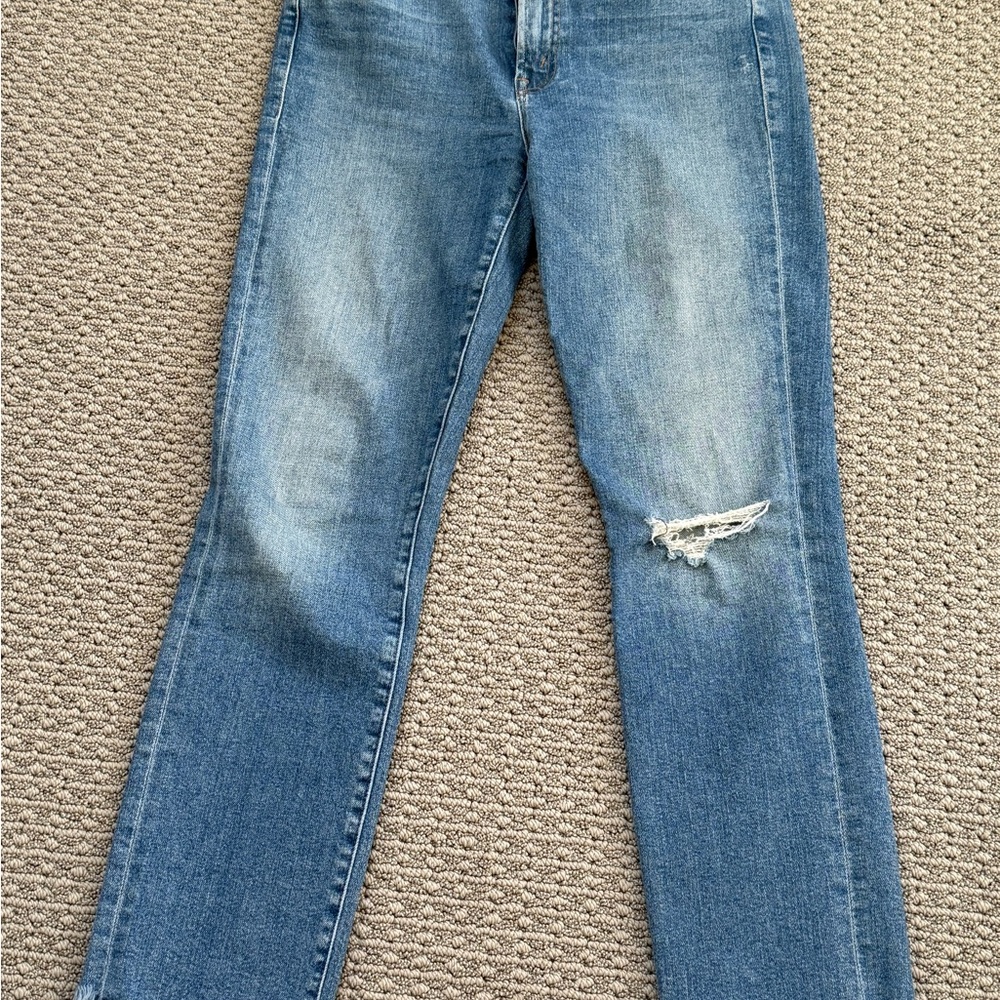 MOTHER Light Blue Straight Leg Jeans with Rip